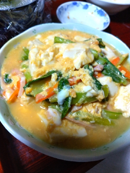 玉子餡優しく、豆腐とかにかま小松菜美味しく食べました＼(^-^)／