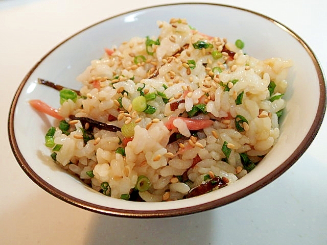 ゆずぽん酢で　昆布佃煮と紅生姜と葱の混ぜご飯