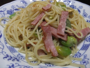 和風！そら豆とベーコンのパスタ