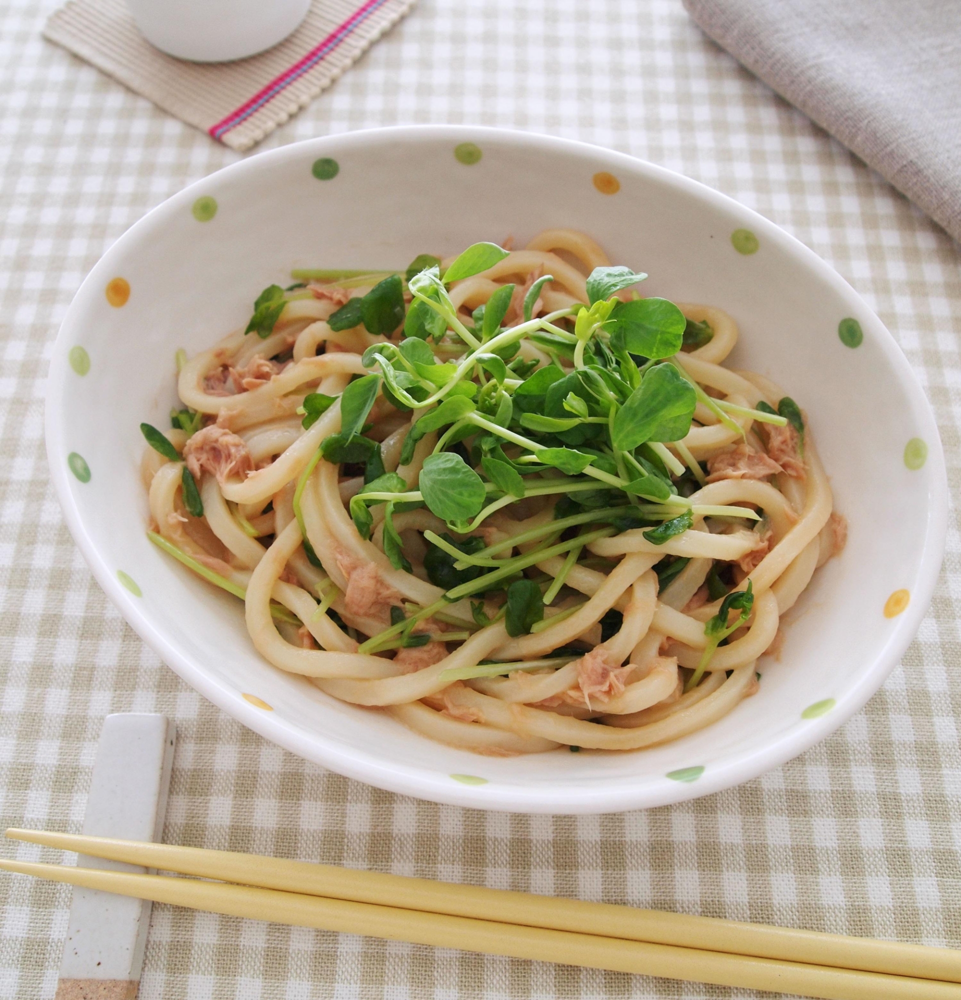 豆苗とツナのバタポンうどん