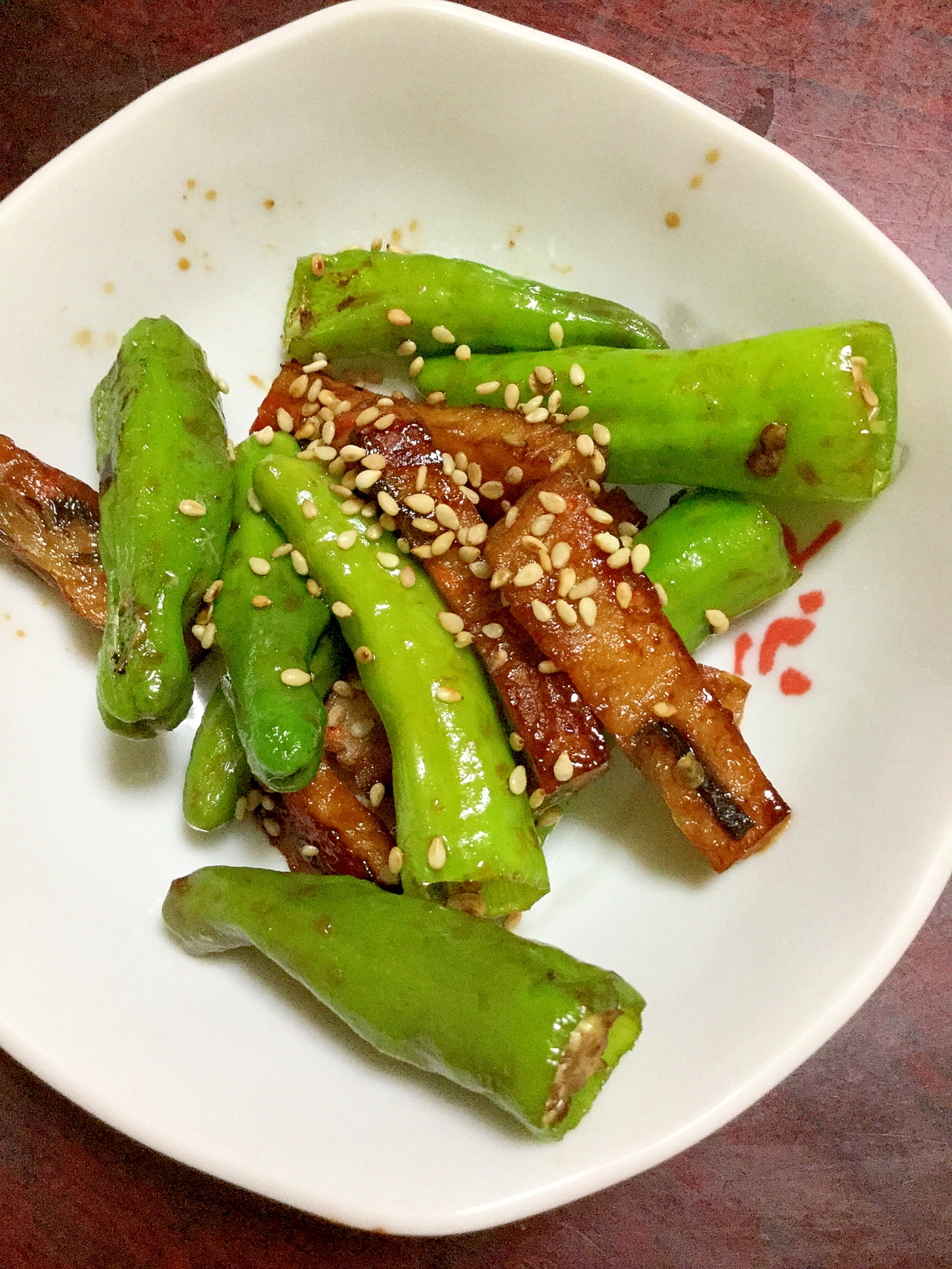 しし唐とさつま揚げの焼き肉のタレ炒め！