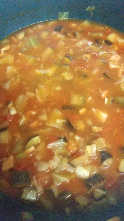 ナスとトマト缶があったので作ってみました！具沢山でおいしいスープが出来ました♬
また作ります。
