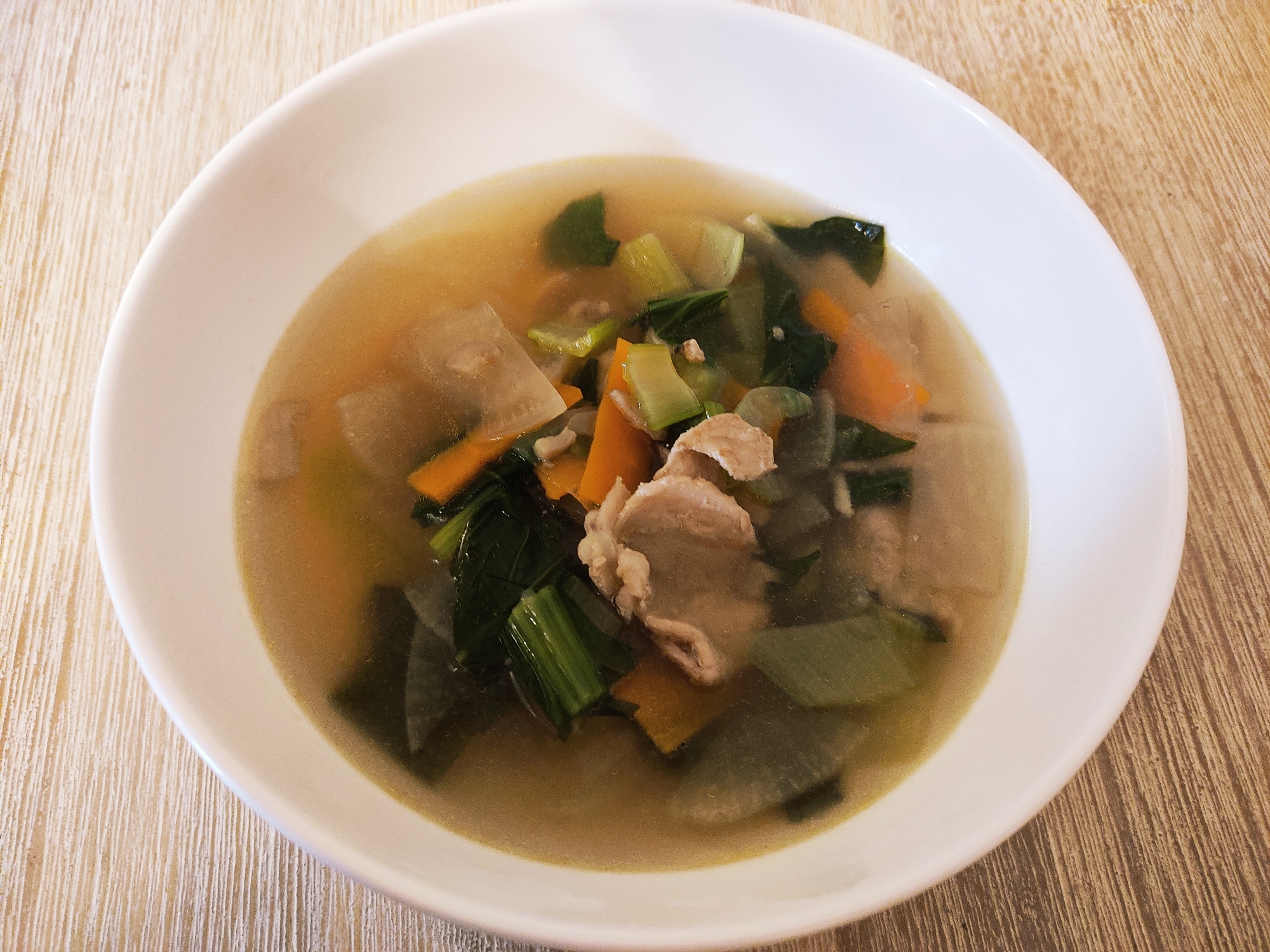 野菜たっぷり☆チンゲン菜と豚肉の中華スープ
