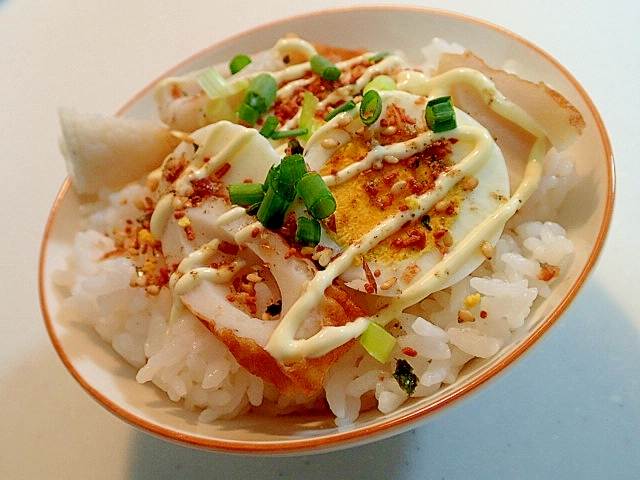 小魚ふりかけ&マヨ&花椒塩かけて　竹輪とゆで卵ご飯