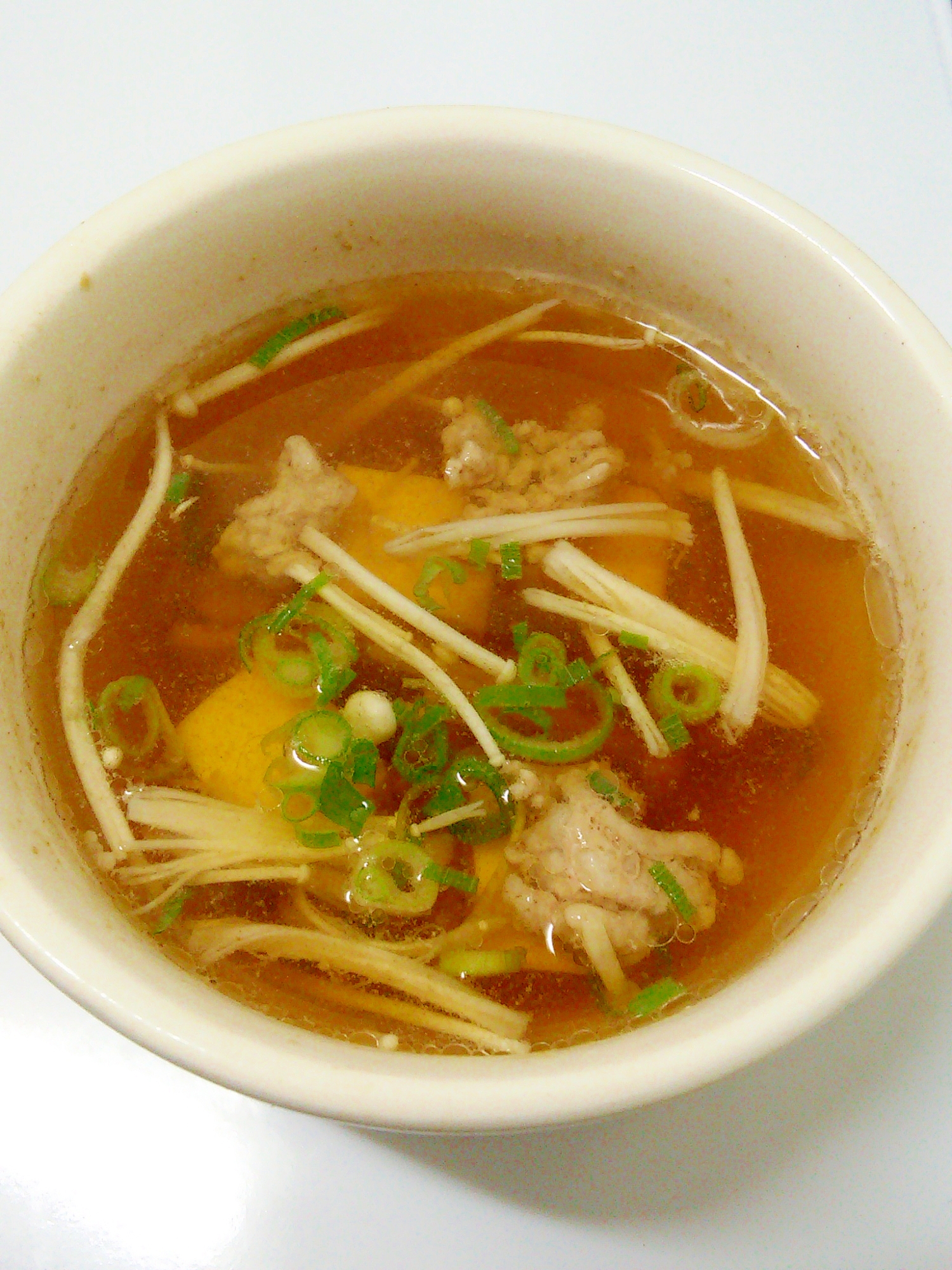 レンジで簡単☆えのきと豆腐と豚ひき肉の中華スープ