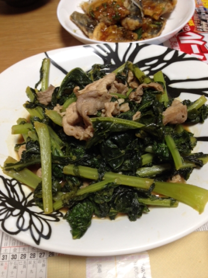 酒の肴:豚肉と大根葉の炒めもの
