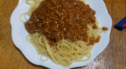 煮込みハンバーグソースでミートスパゲティ