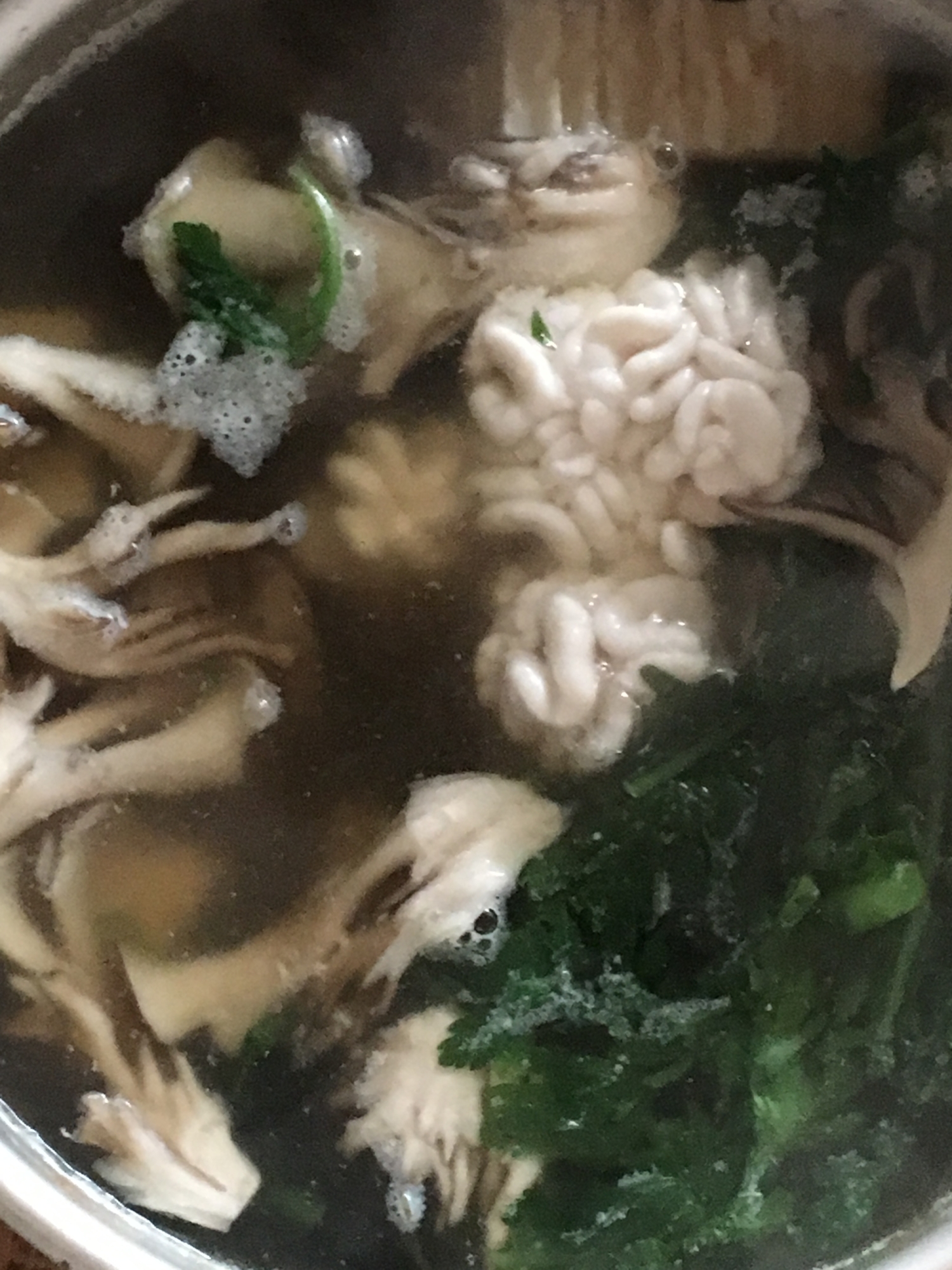 白子、角麩、豆腐、舞茸、春菊の鍋