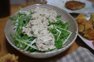 水菜と玉ねぎのサラダ～豆腐のゴママヨソースのせ