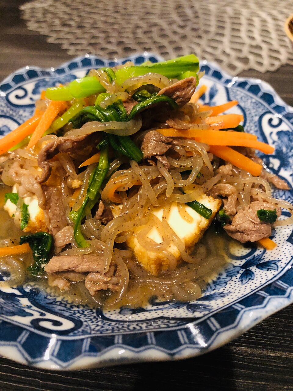 牛肉と厚揚げ、糸こんにゃくのすき焼き風煮炒め