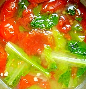 山椒風のトマト、山東菜のスープ