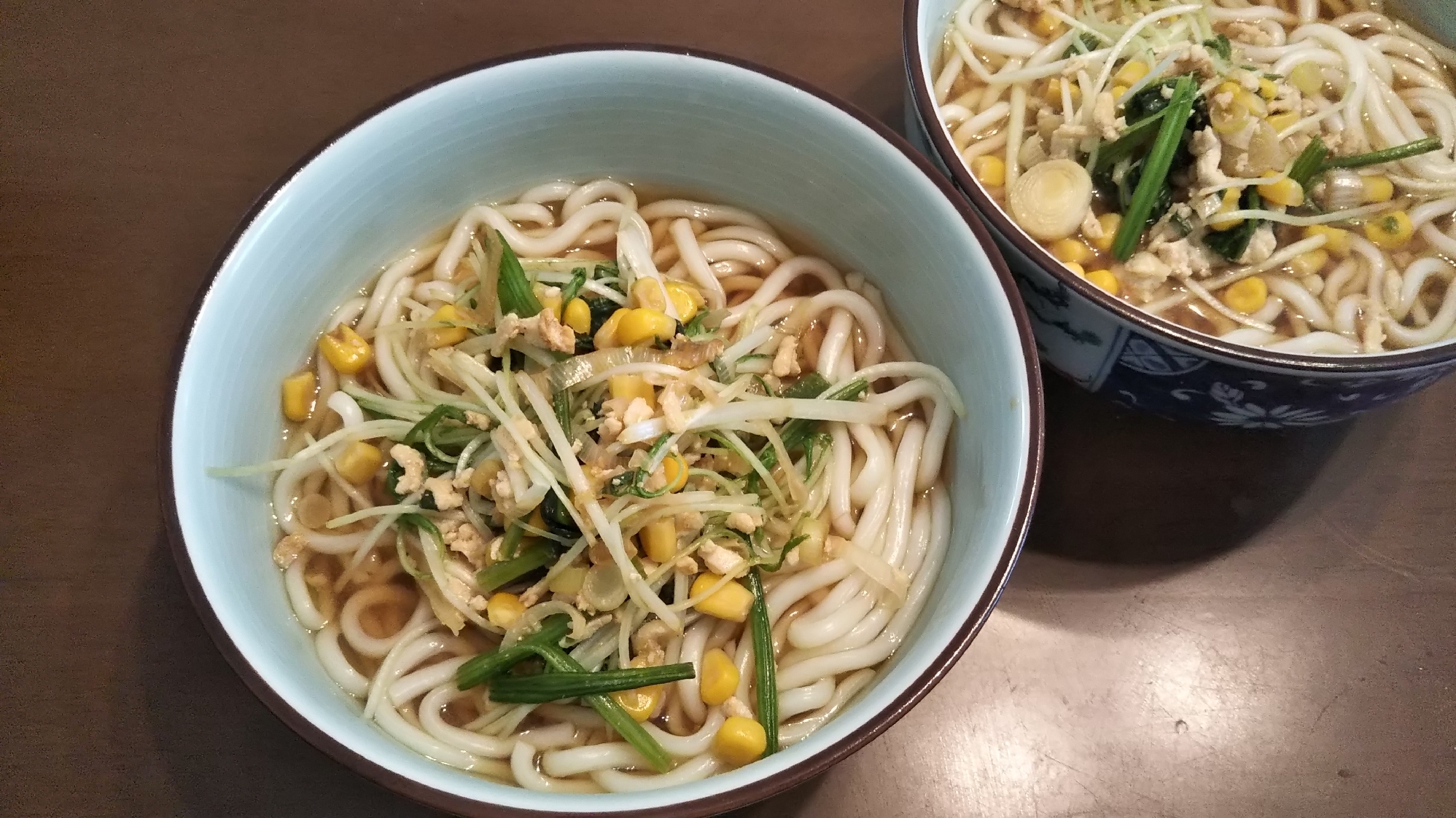 鶏ひき肉と水菜とほうれん草とコーンのうどん☆