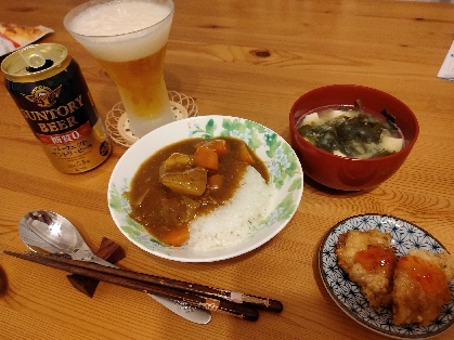 カレーのお供に竜田揚げを作りました！チリソースをかけて頂きました。