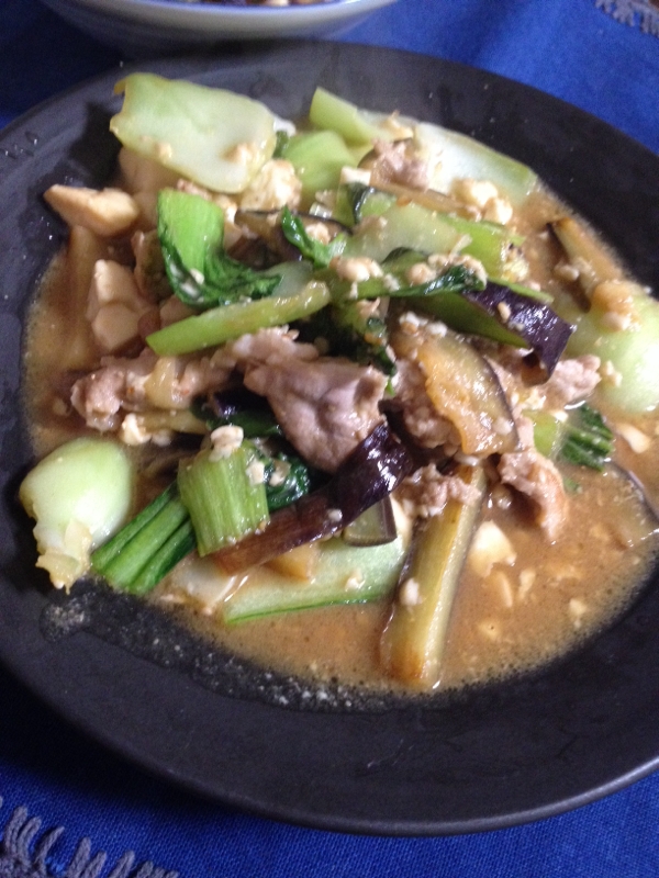 小松菜と茄子と豚の味噌炒め