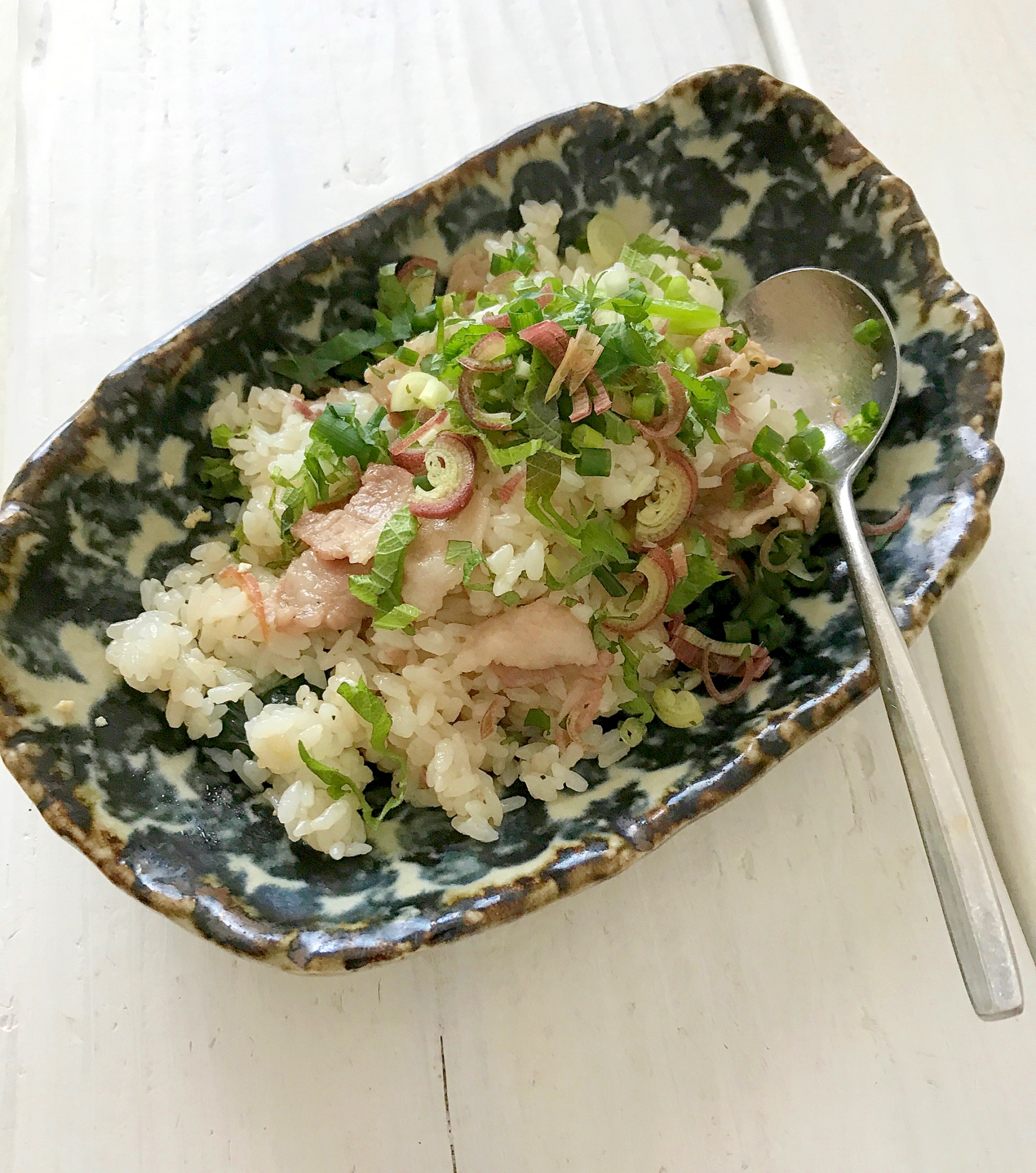 簡単☆豚肉と小松菜の薬味のせごはん