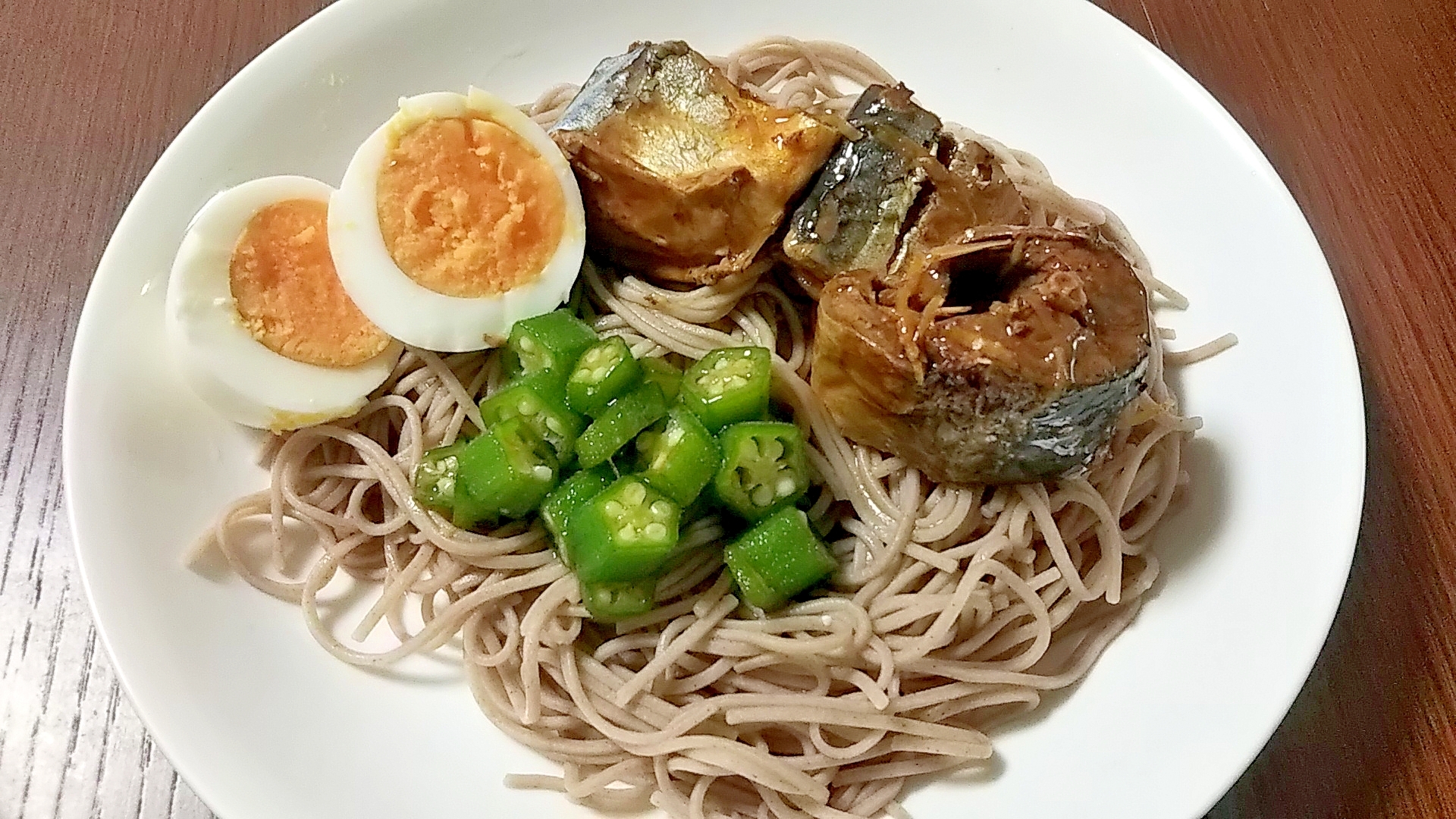 鯖缶で味噌さばとオクラの蕎麦