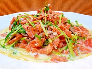 紅鮭と水菜のクリームソーススパゲティ