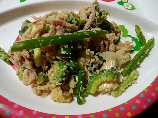 粉豆腐とネギハムのゴーヤチャンプル