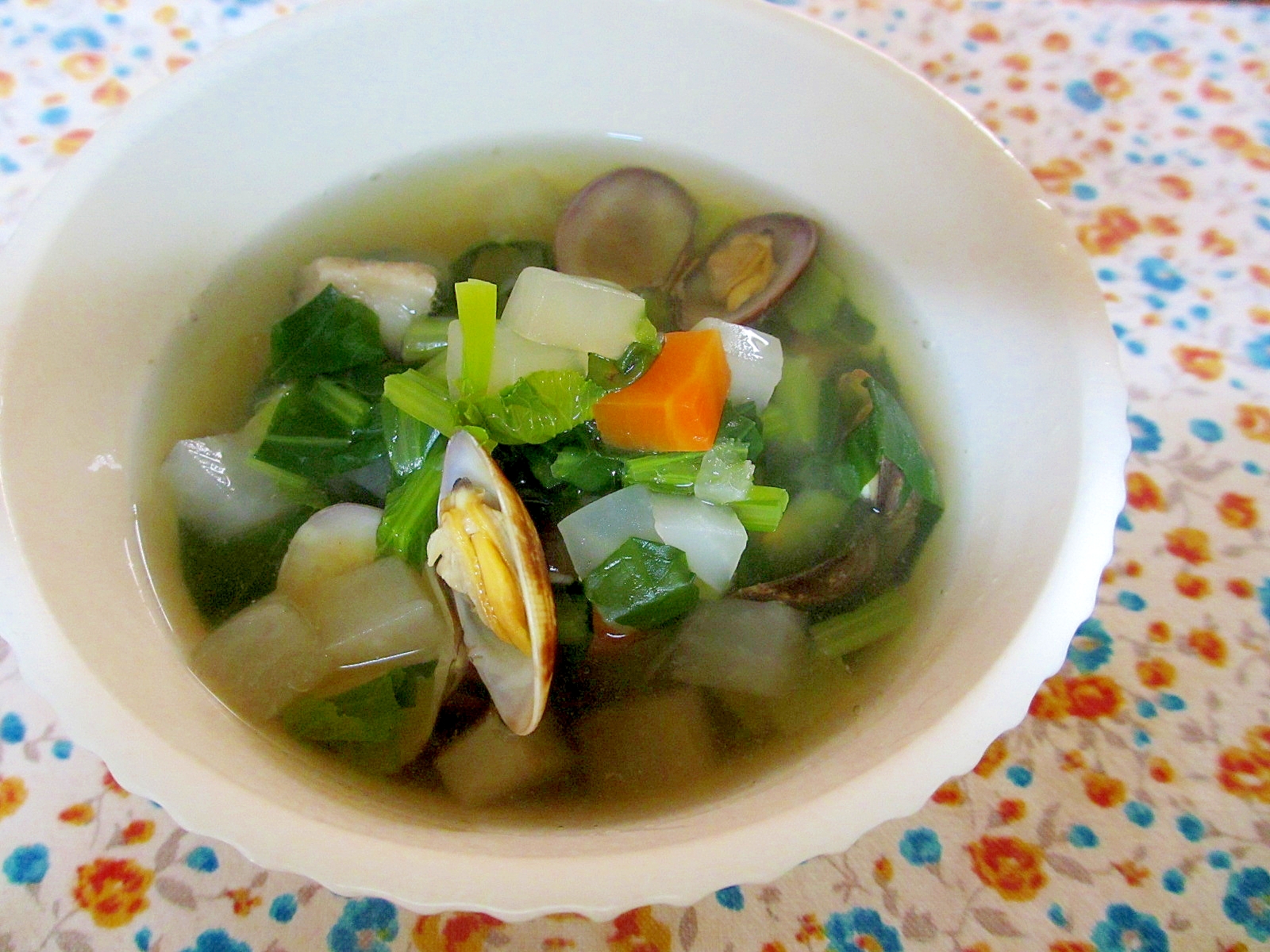 小松菜、大根、あさりのスープ