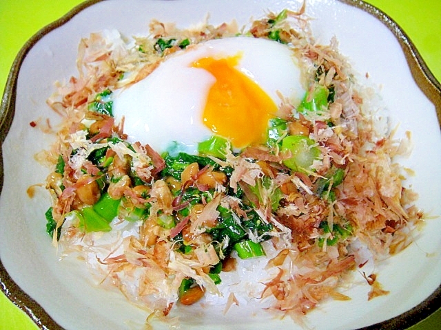 温玉乗せ♡からし菜おかか納豆丼