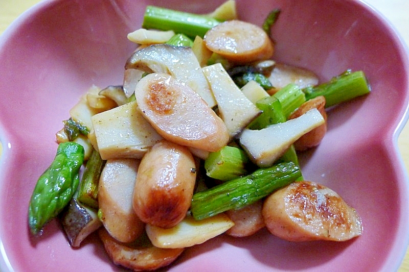 ソーセージ アスパラ エリンギのバター炒め レシピ 作り方 By Hanakohanao 楽天レシピ