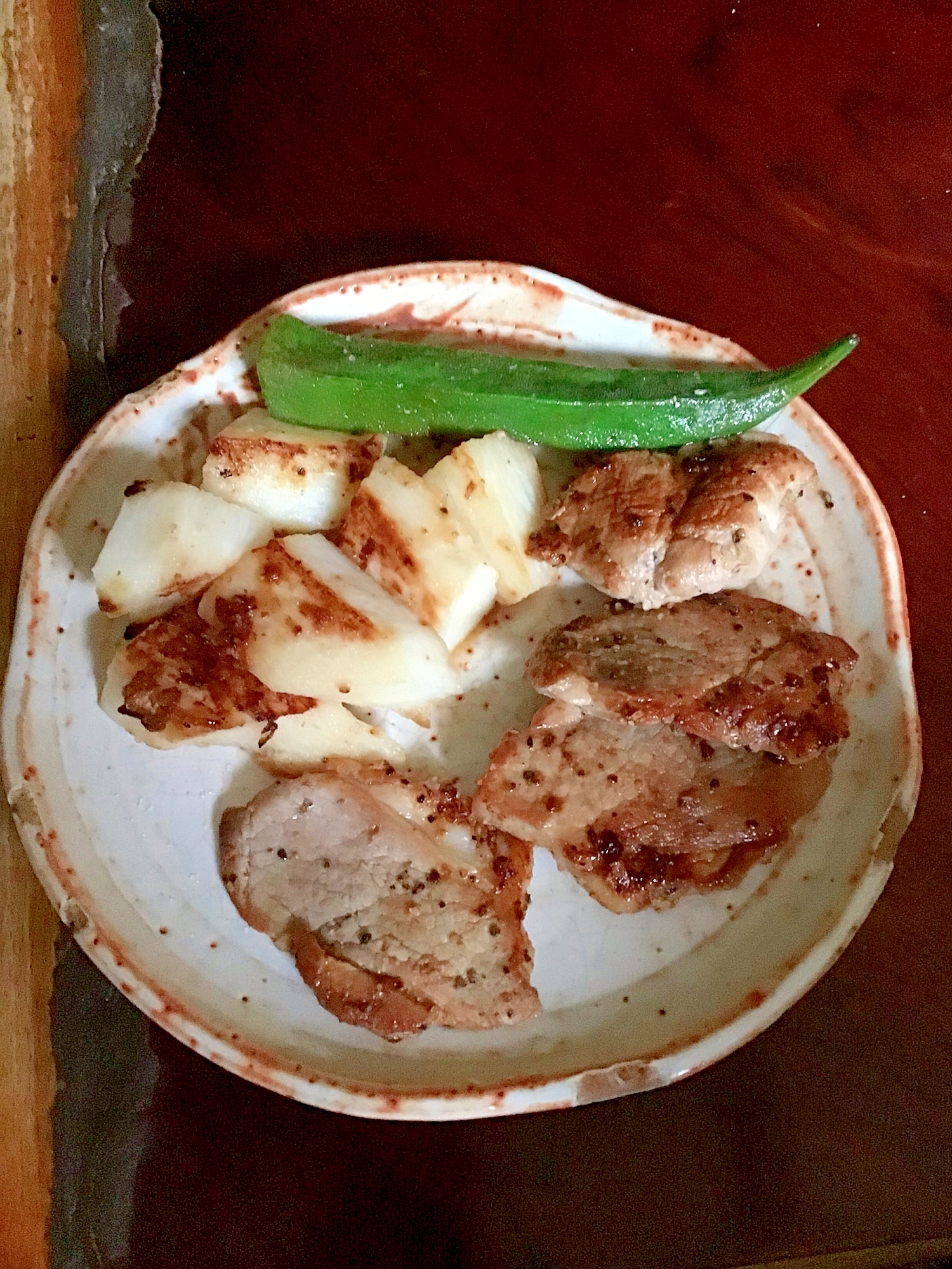 長芋とオクラと豚の即席ミソ漬け風焼き。