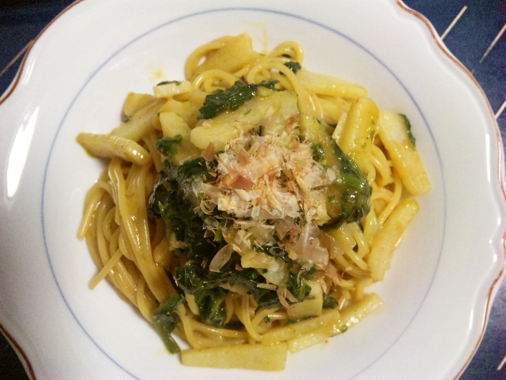 めんつゆで簡単 山芋とほうれん草の和風パスタ