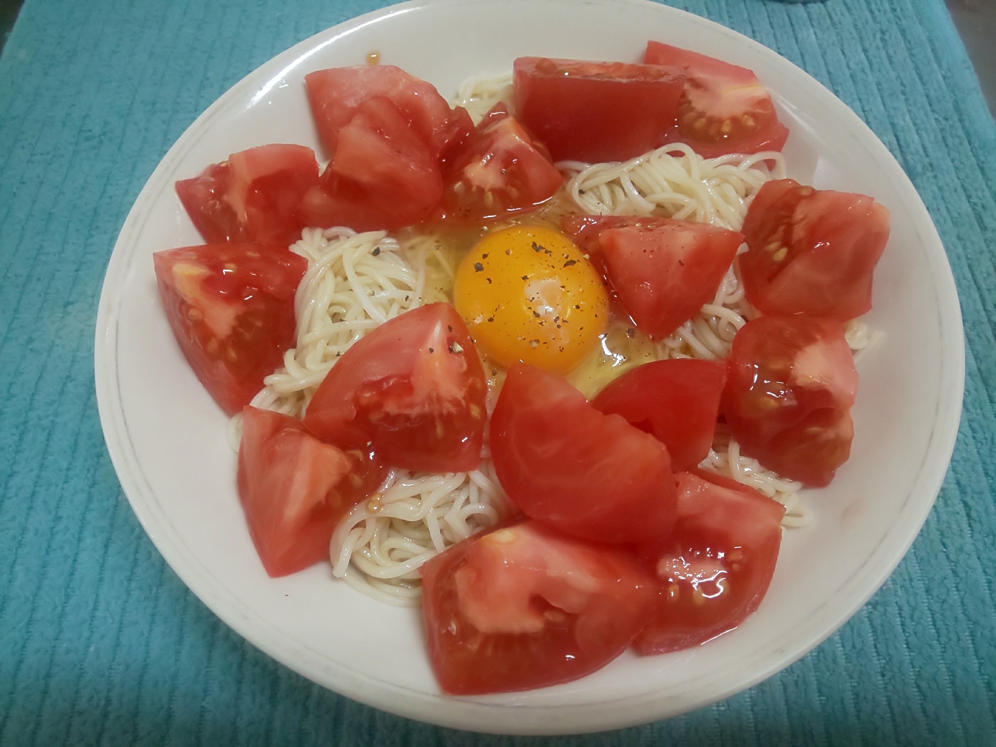 トマトたっぷり♪イタリアン釜玉そうめん