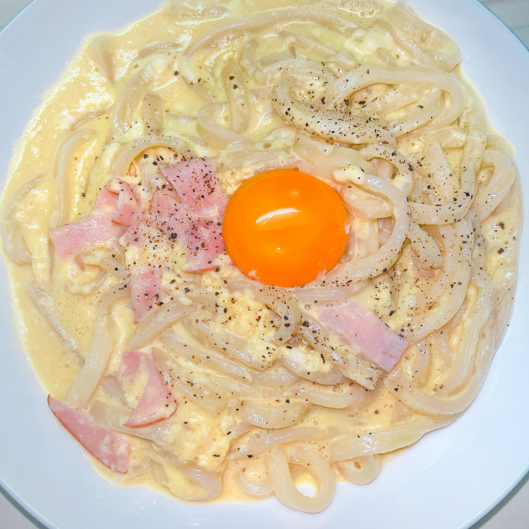 料理初心者ママが作る(ё)白だし入り-カルボうどん