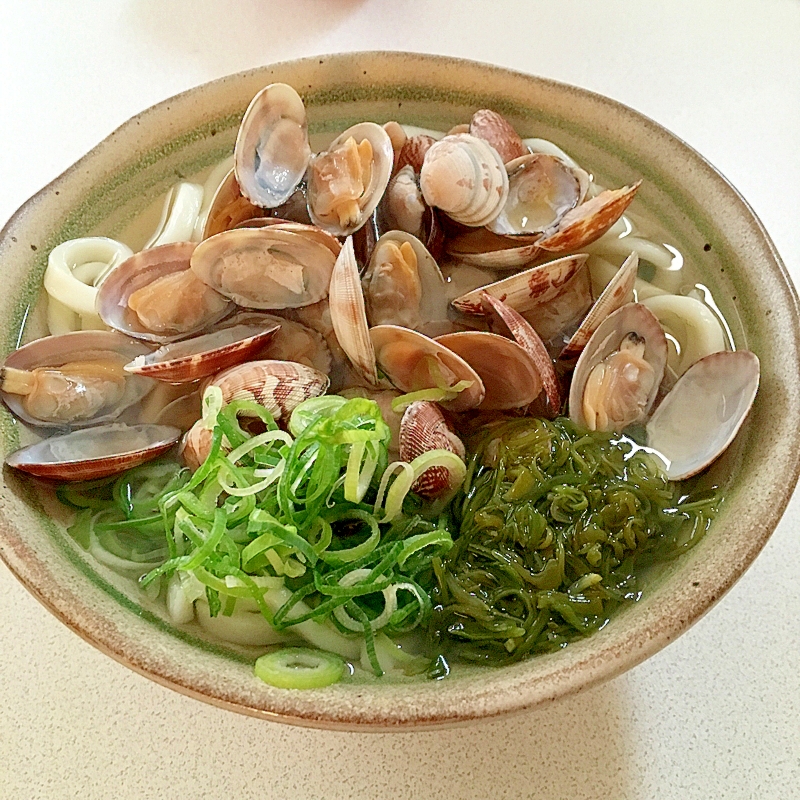 白い器に盛り付けたあさりとめかぶの白だしうどん