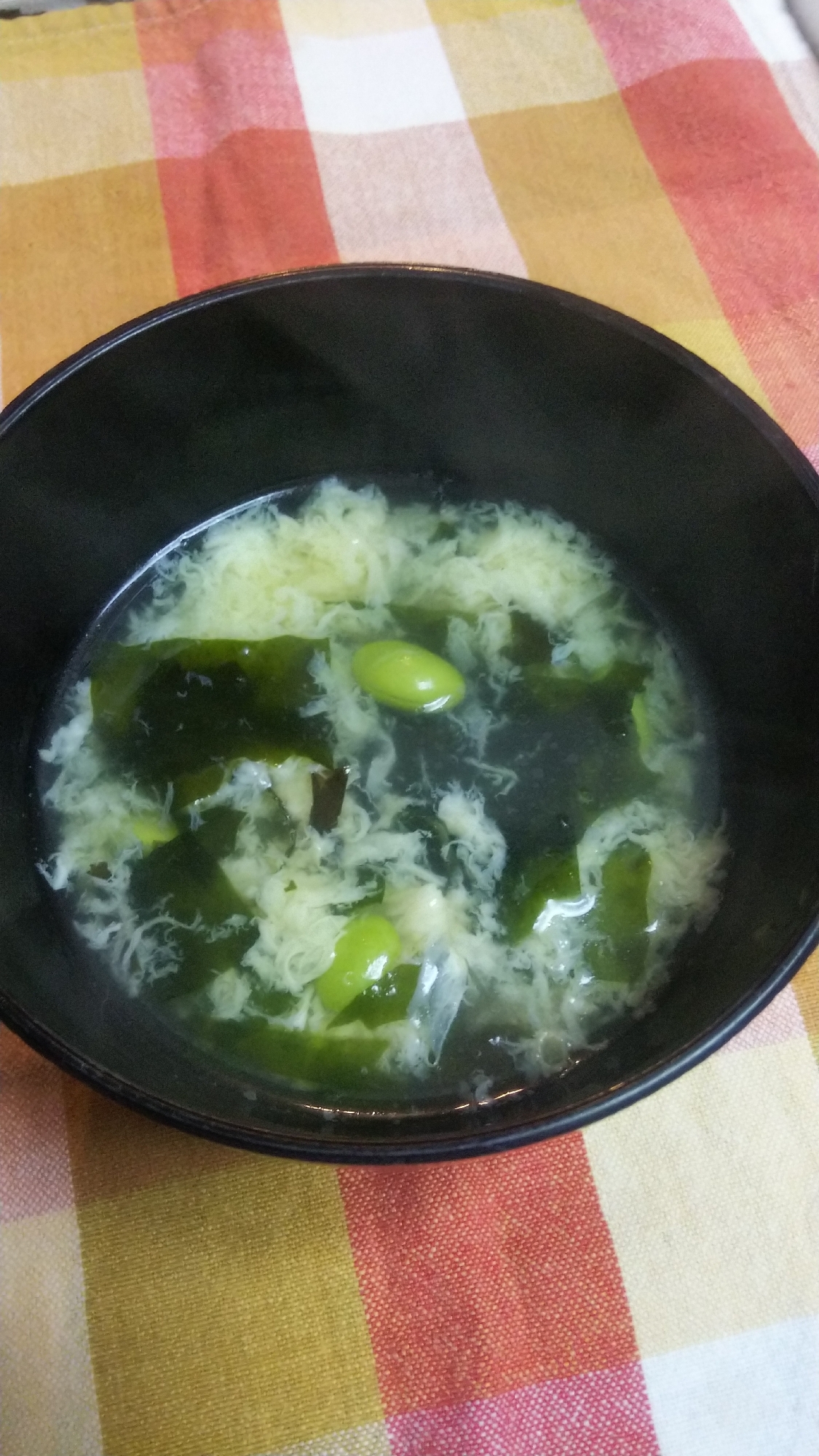 ふわとろ☆枝豆とワカメの卵スープ