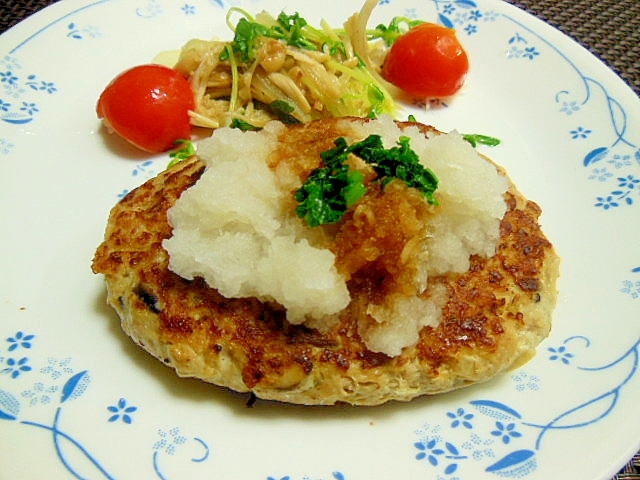 さばと野菜のハンバーグ、おろしショウガポン酢かけ♪