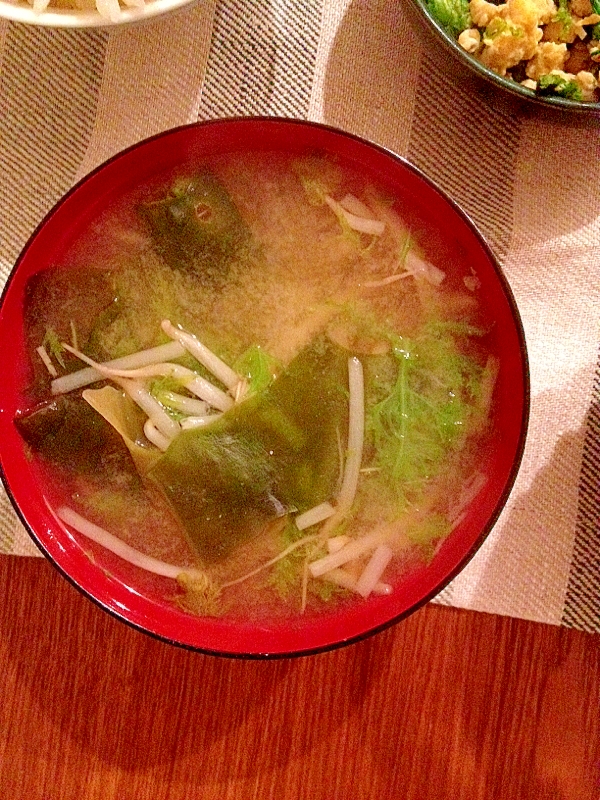 ワサビ菜とモヤシとワカメのお味噌汁