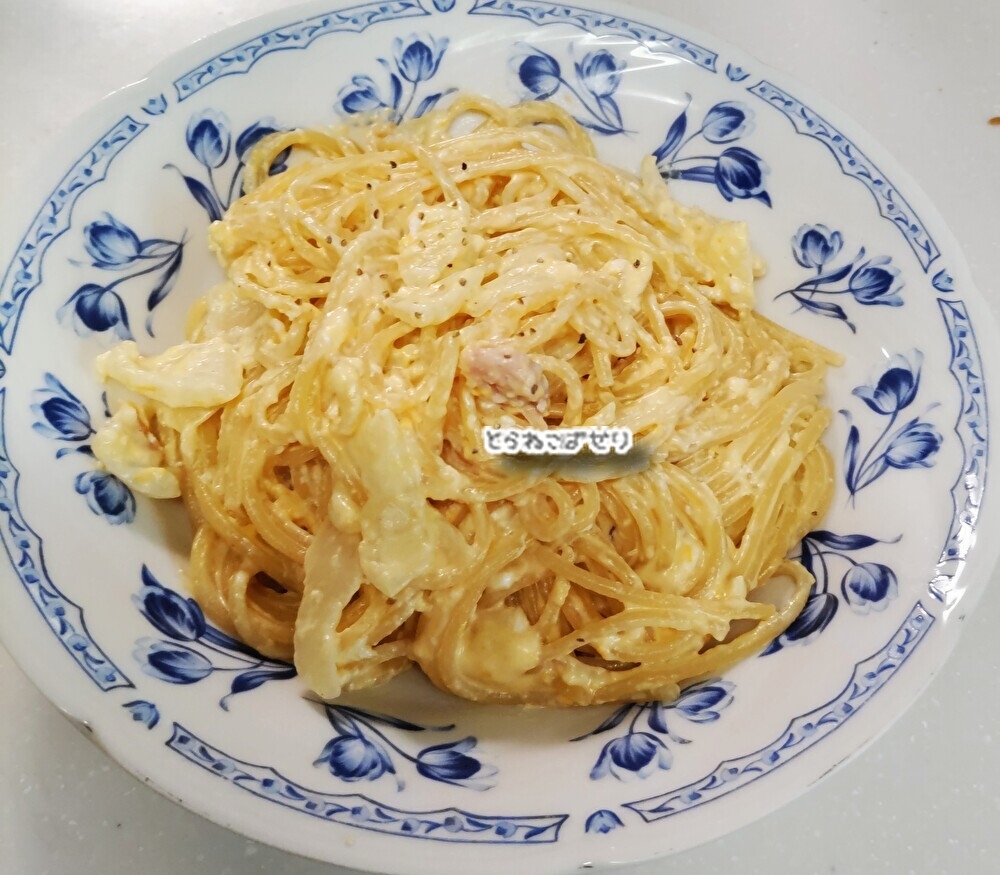 新玉ねぎで☘️全卵カルボナーラ