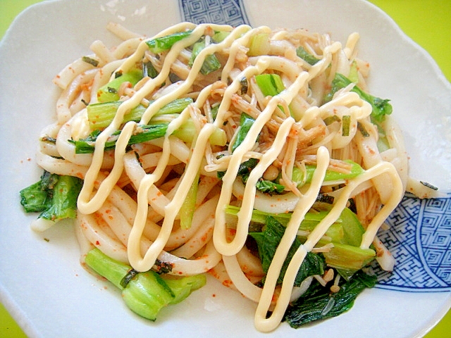 パスタの素で☆チンゲン菜花とえのきの明太焼きうどん