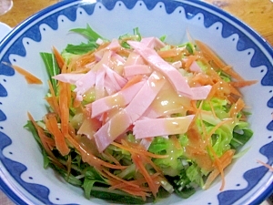 水菜とハムの豆乳柚子味噌ドレッシングサラダ