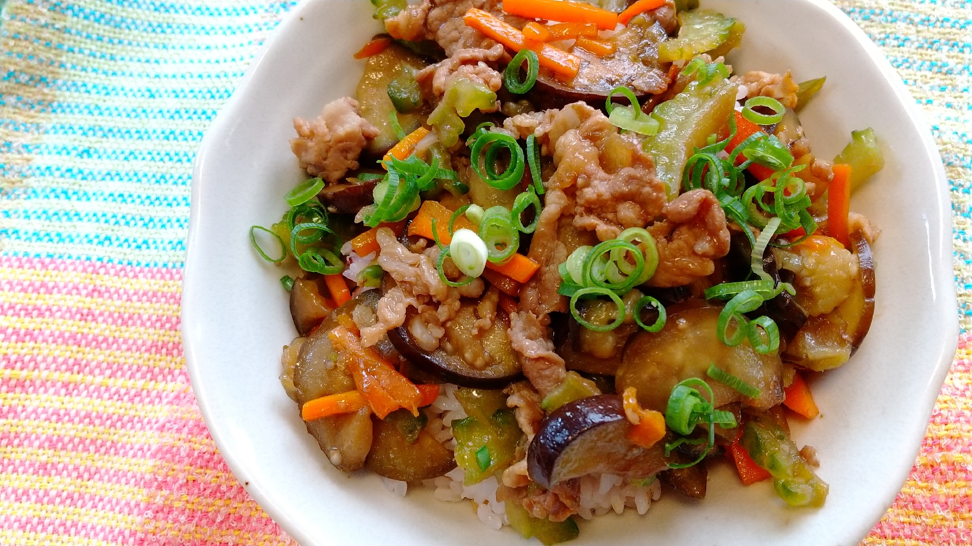 ゴーヤとナスとニンジンと豚肉の炒め丼