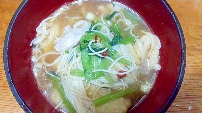 フライパンで素麺/豚こま小松菜油揚げあごだし