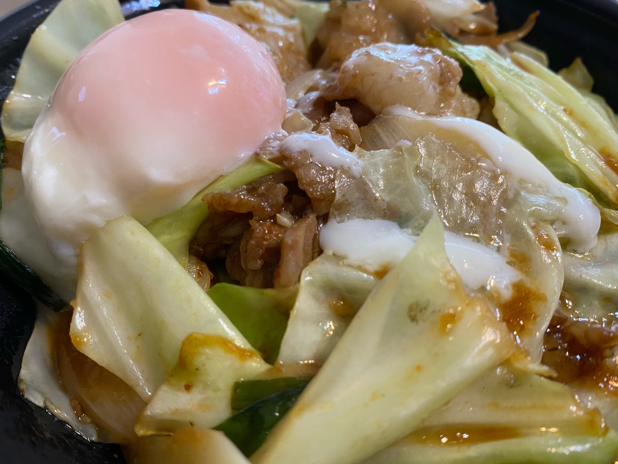 キャベツとホルモンの温玉のせ丼