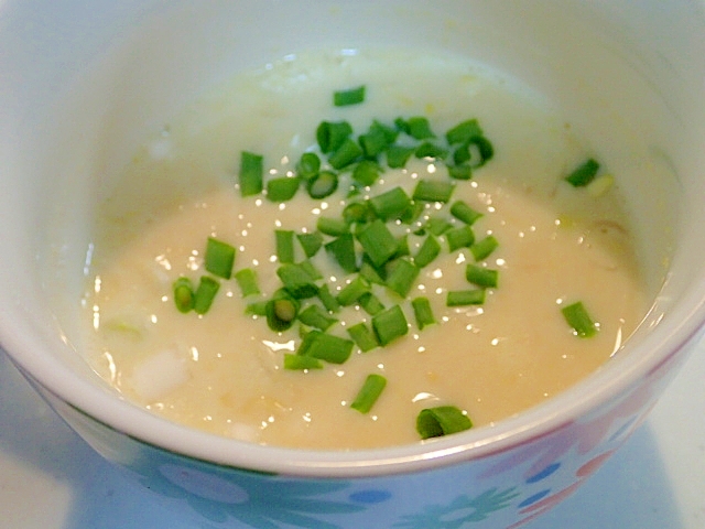 レンジで　葱と生姜の豆乳コーンスープ
