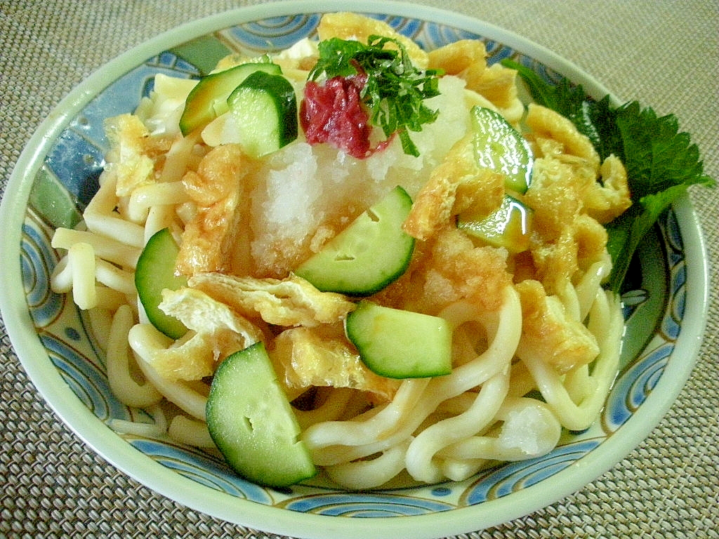 カリカリ揚げときゅうりとおろしのせ！麺つゆうどん♪