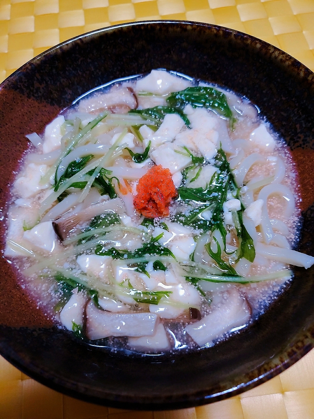 水菜とエリンギのめんたい餡掛けうどん