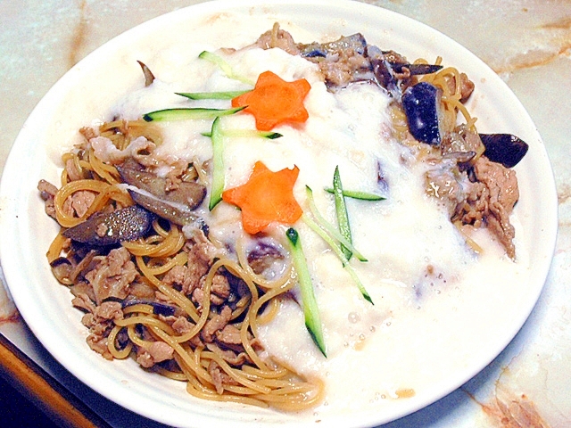 七夕をイメージ?山芋と豚と茄子のスタミナパスタ♪