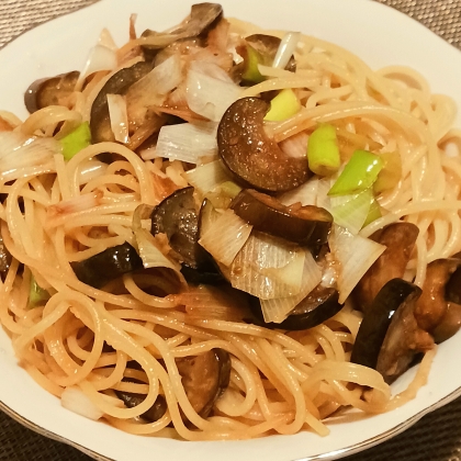 茄子とネギの生姜醬油パスタ