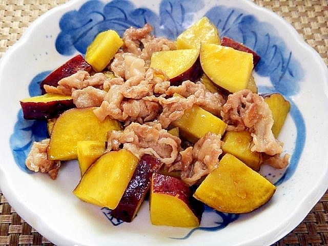 さつまいもと豚肉の麺つゆ炒め