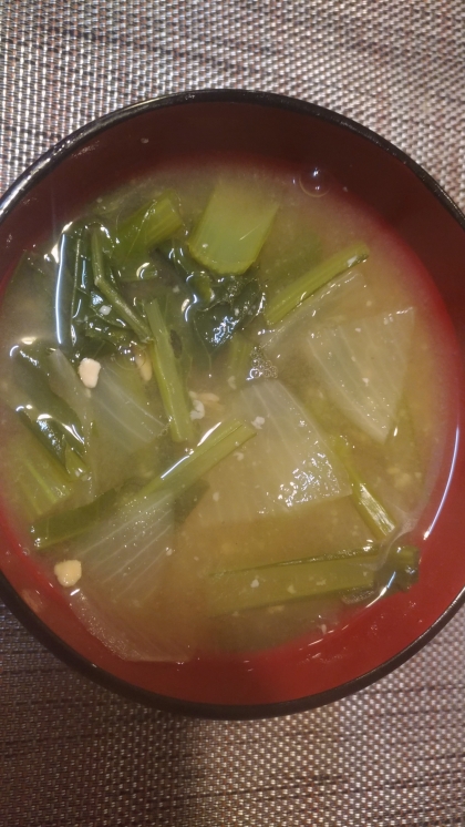 小松菜と白ネギと玉ねぎの味噌汁