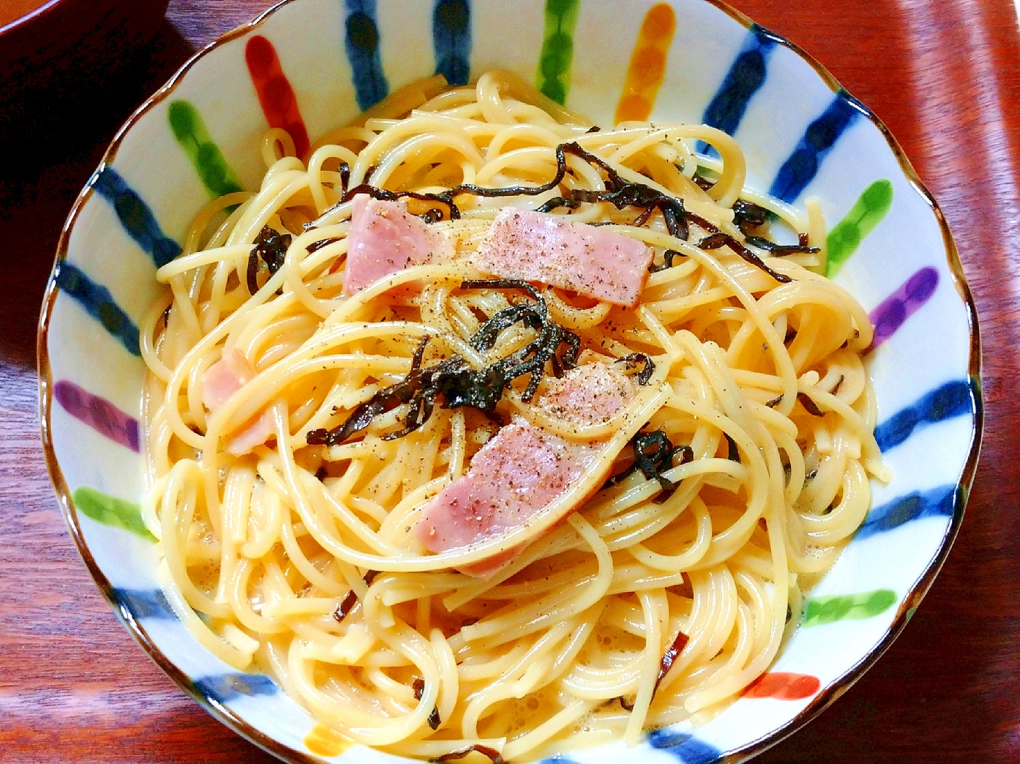 レンジでパスタ1人分♪塩昆布カルボナーラ