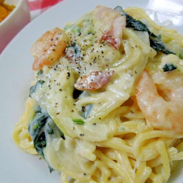 ベーコンとエビのクリームスパゲティ レシピ 作り方 By ミルク白うさぎ 楽天レシピ ベーコンとエビのクリームスパゲティ レシピ 作り方 By ミルク白うさぎ 楽天レシピ