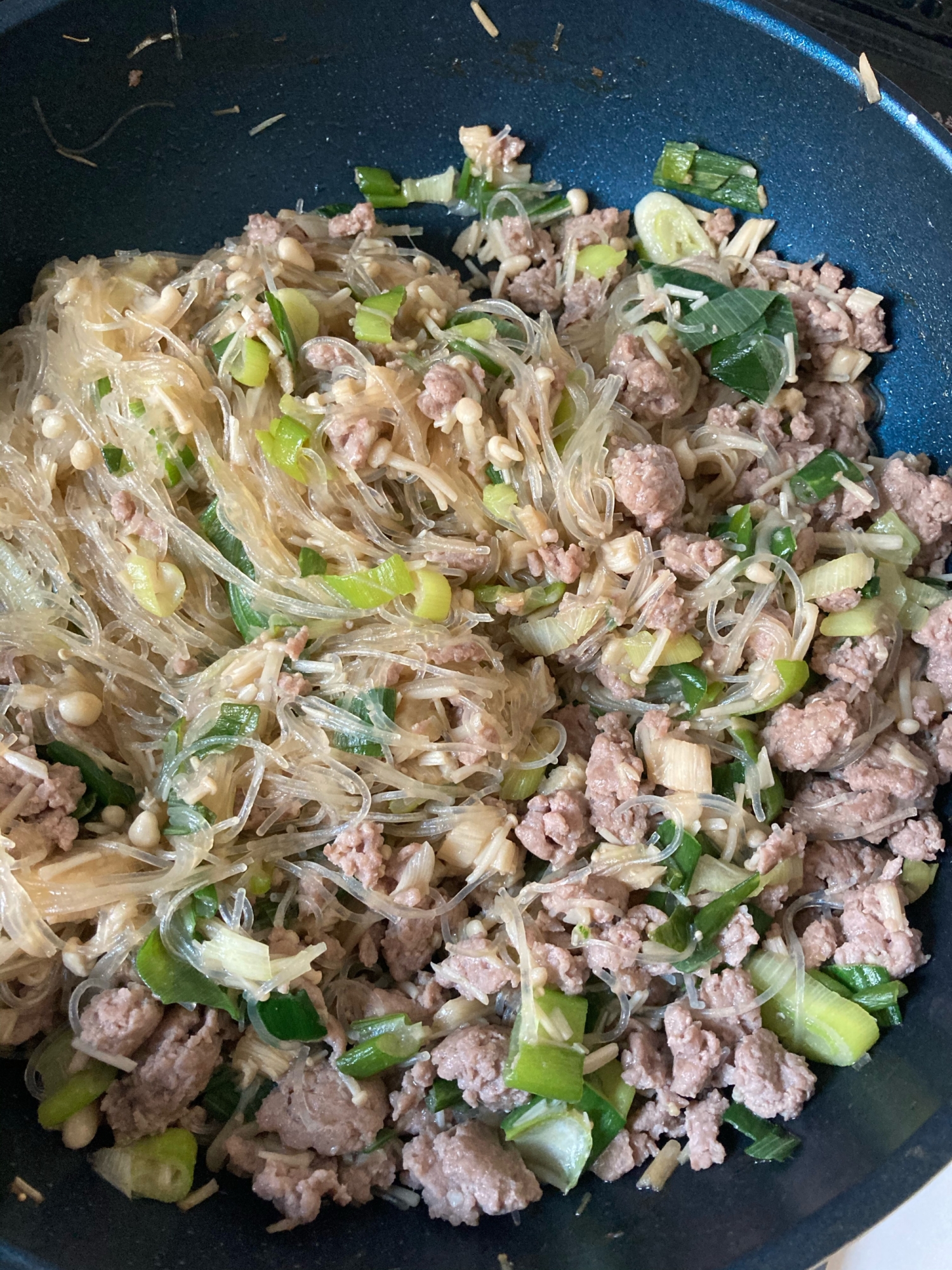 ネギと春雨とひき肉炒め