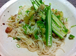 焼きナスとオクラのそうめん